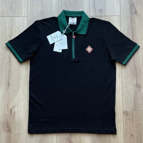 SMALLCASABLANCA MEN'S BLACK HALF ZIP COTTON POLO T-SHIRT